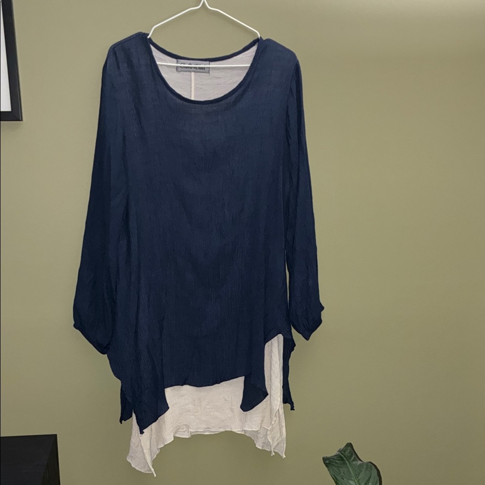Cherie Bliss Chic Navy Blue and Tan Layered Women's Tunic with Belt or Scarf